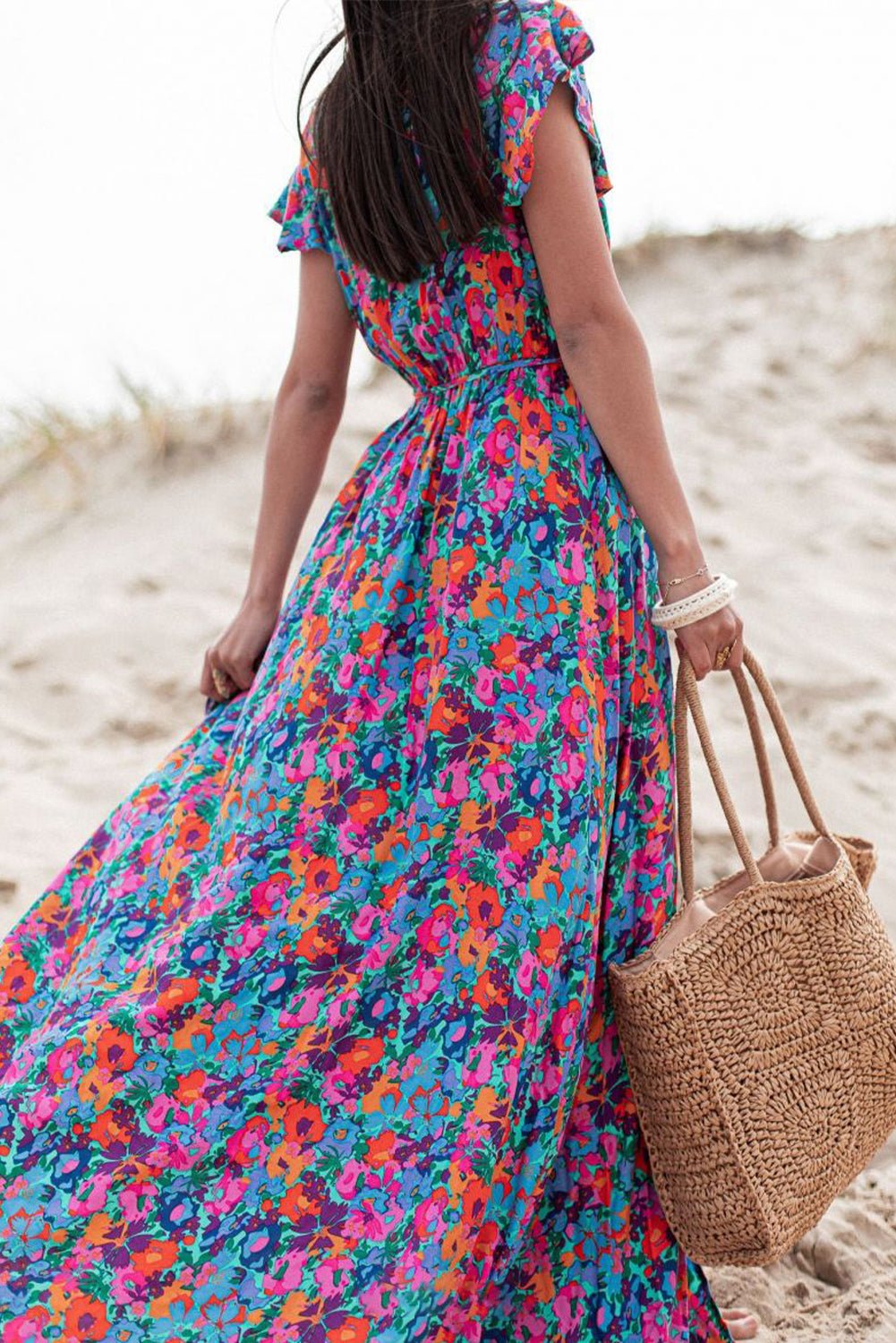 Blue Boho Floral Print V Neck Wrap Split Maxi Dress - Street Rider Apparel