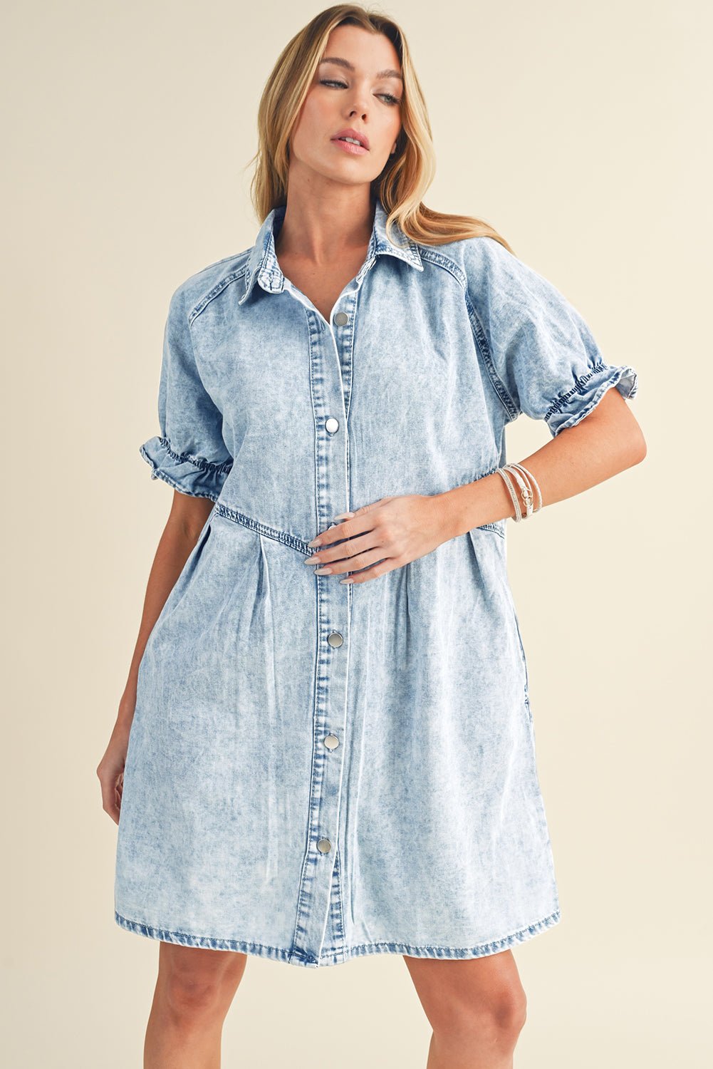 Blue Mineral Washed Ruffled Short Sleeve Pocketed Denim Dress - Street Rider Apparel