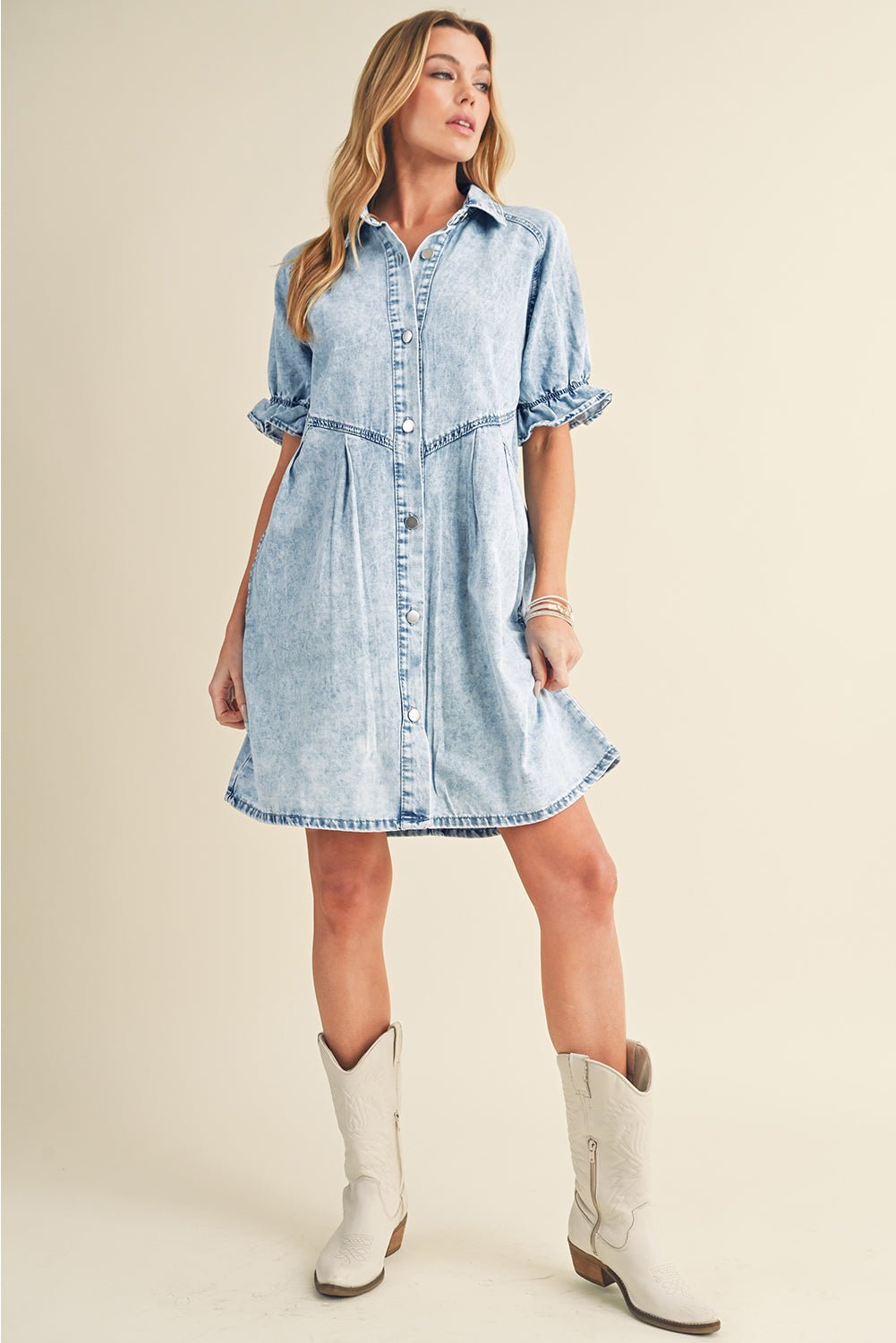 Blue Mineral Washed Ruffled Short Sleeve Pocketed Denim Dress - Street Rider Apparel