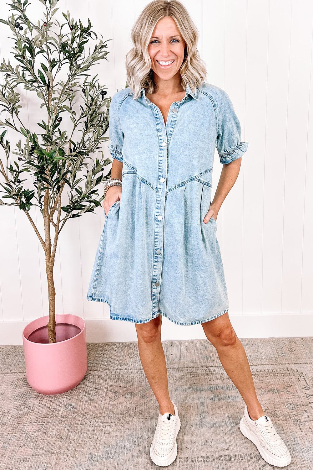 Blue Mineral Washed Ruffled Short Sleeve Pocketed Denim Dress - Street Rider Apparel