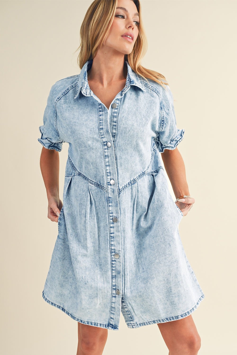 Blue Mineral Washed Ruffled Short Sleeve Pocketed Denim Dress - Street Rider Apparel