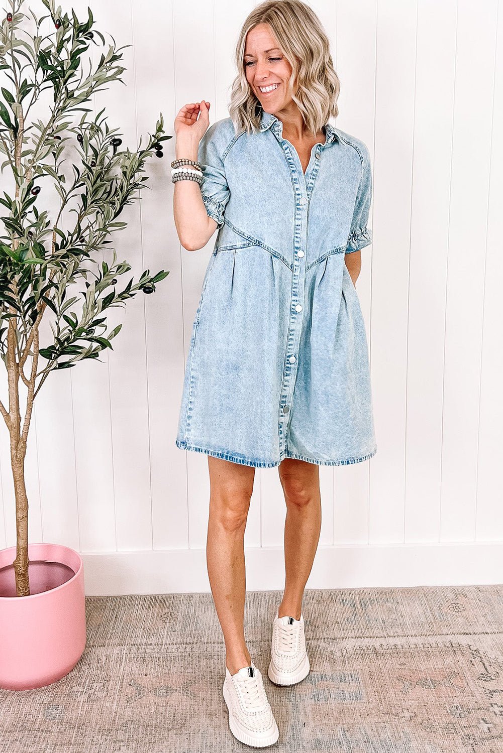 Blue Mineral Washed Ruffled Short Sleeve Pocketed Denim Dress - Street Rider Apparel