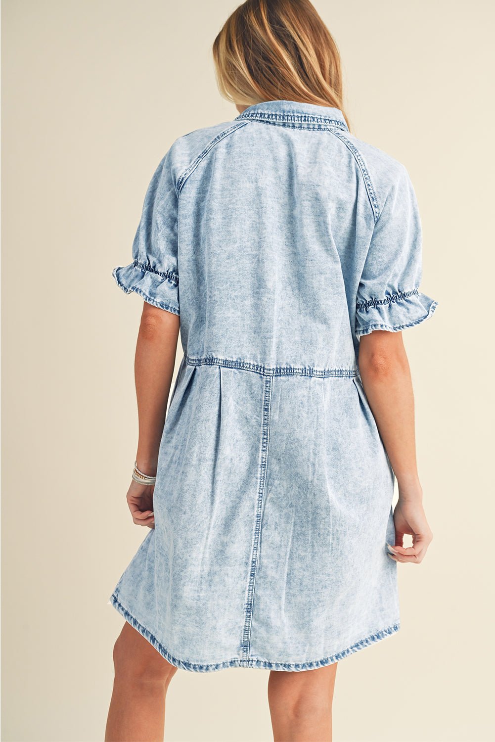 Blue Mineral Washed Ruffled Short Sleeve Pocketed Denim Dress - Street Rider Apparel