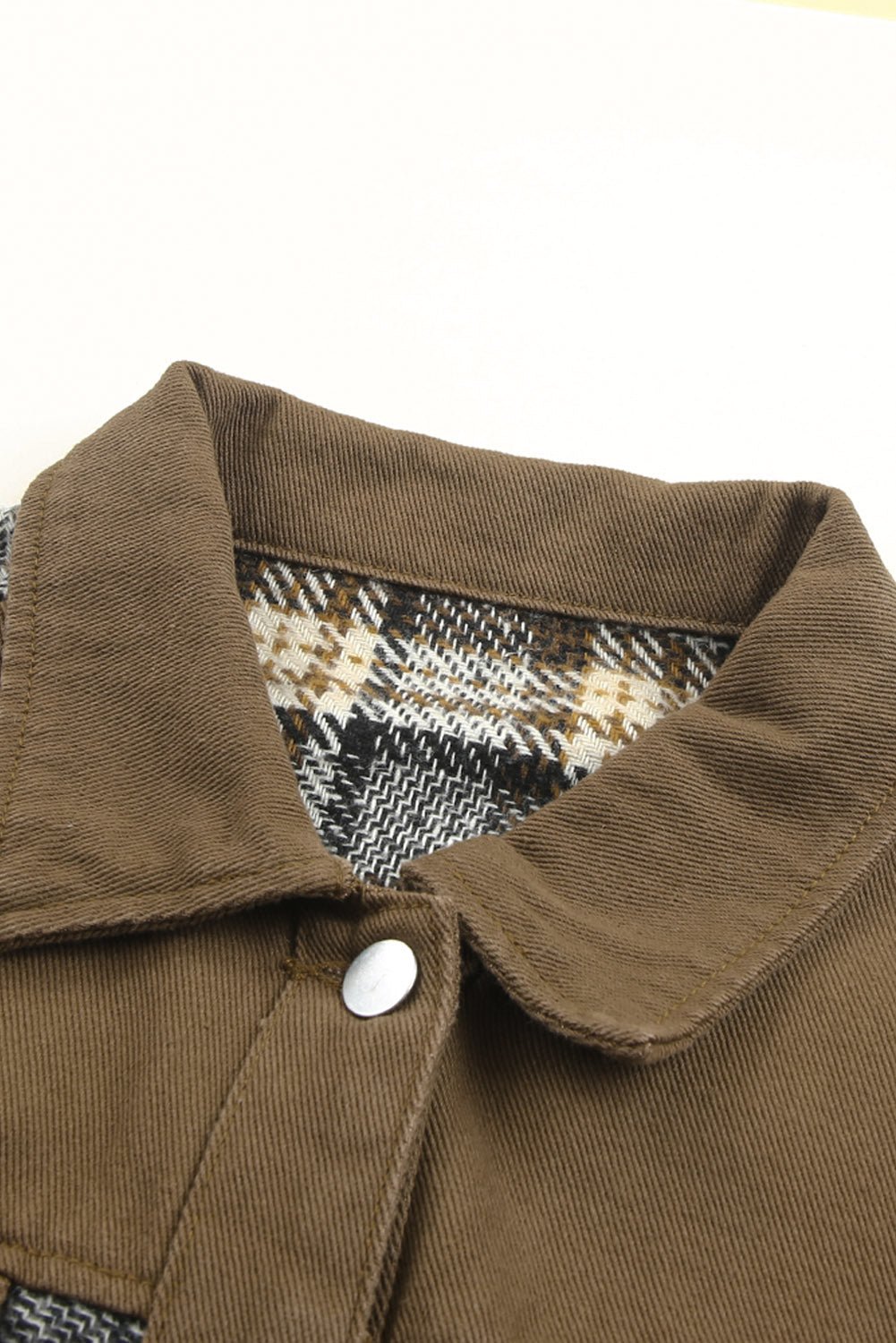 Brown Plaid Patchwork Pockets Denim Jacket - Street Rider Apparel