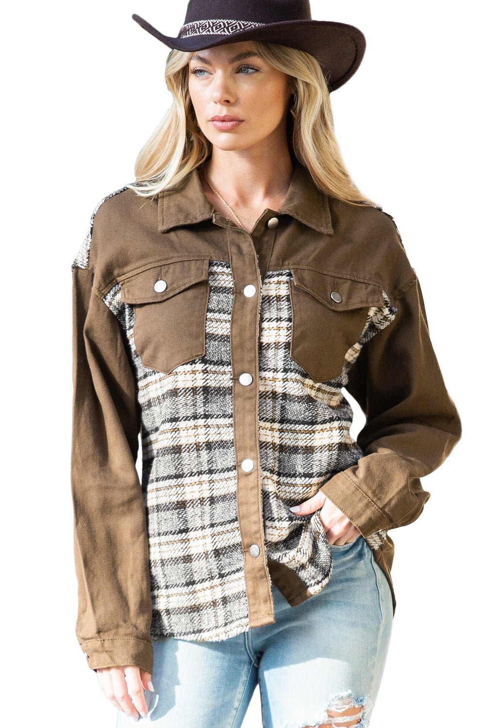 Brown Plaid Patchwork Pockets Denim Jacket - Street Rider Apparel