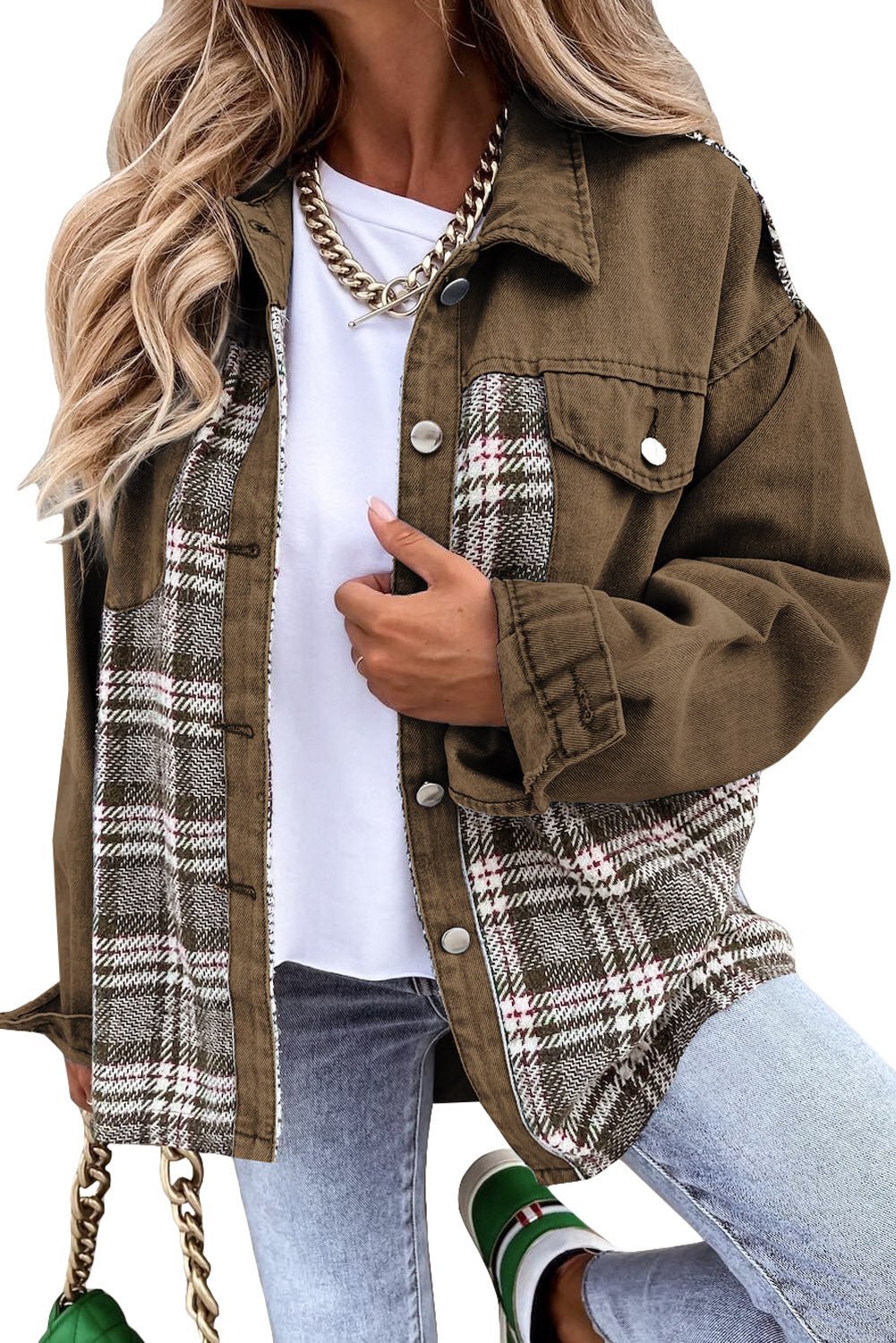 Brown Plaid Patchwork Pockets Denim Jacket - Street Rider Apparel