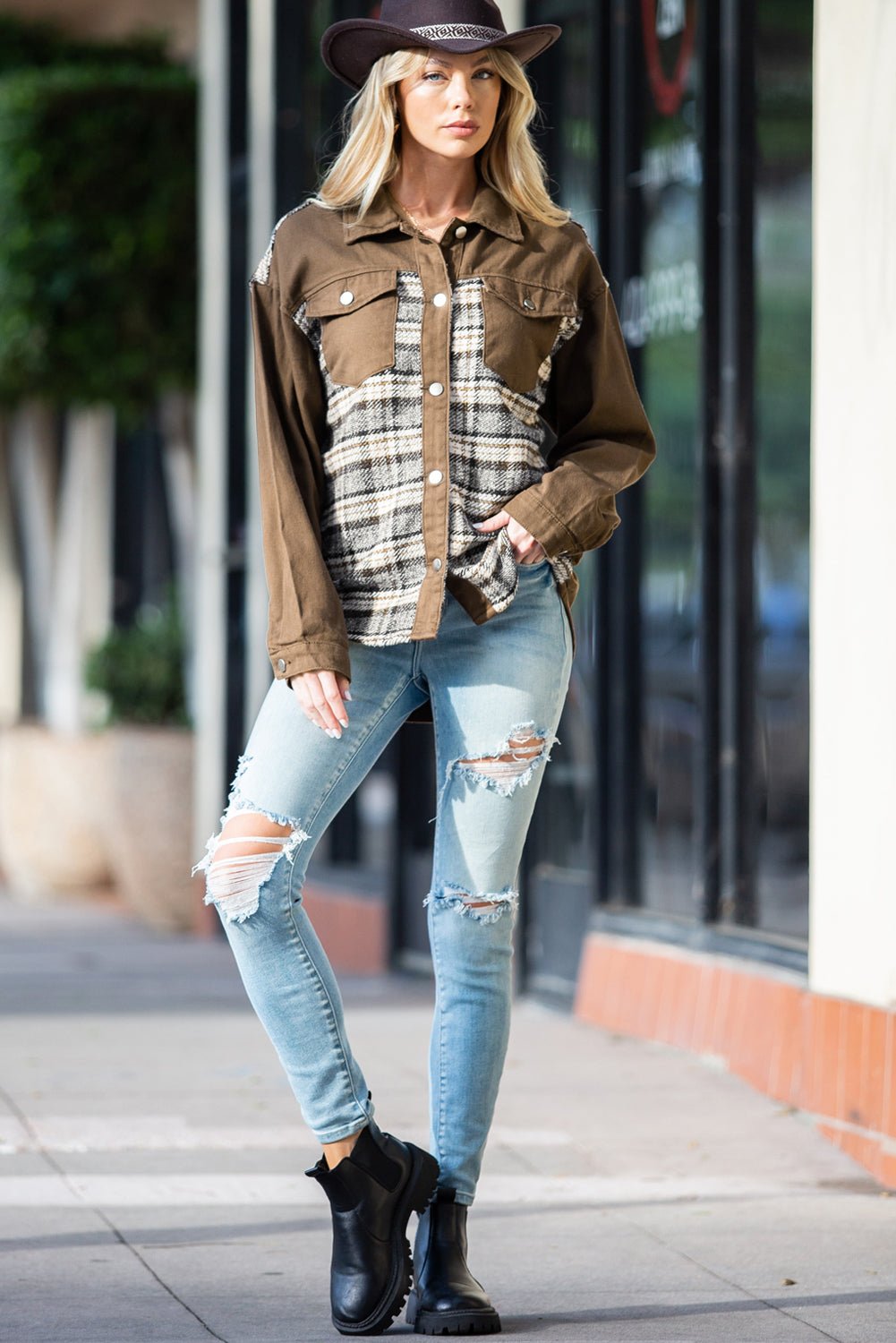 Brown Plaid Patchwork Pockets Denim Jacket - Street Rider Apparel