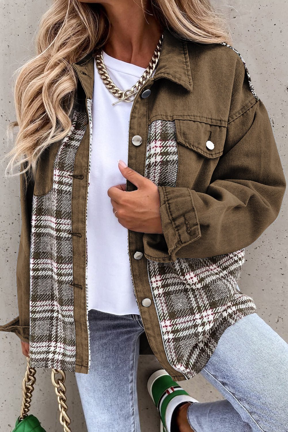 Brown Plaid Patchwork Pockets Denim Jacket - Street Rider Apparel