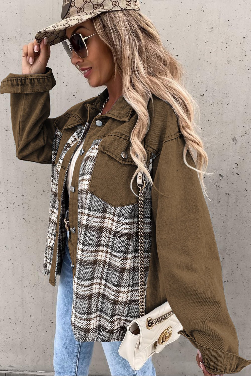 Brown Plaid Patchwork Pockets Denim Jacket - Street Rider Apparel