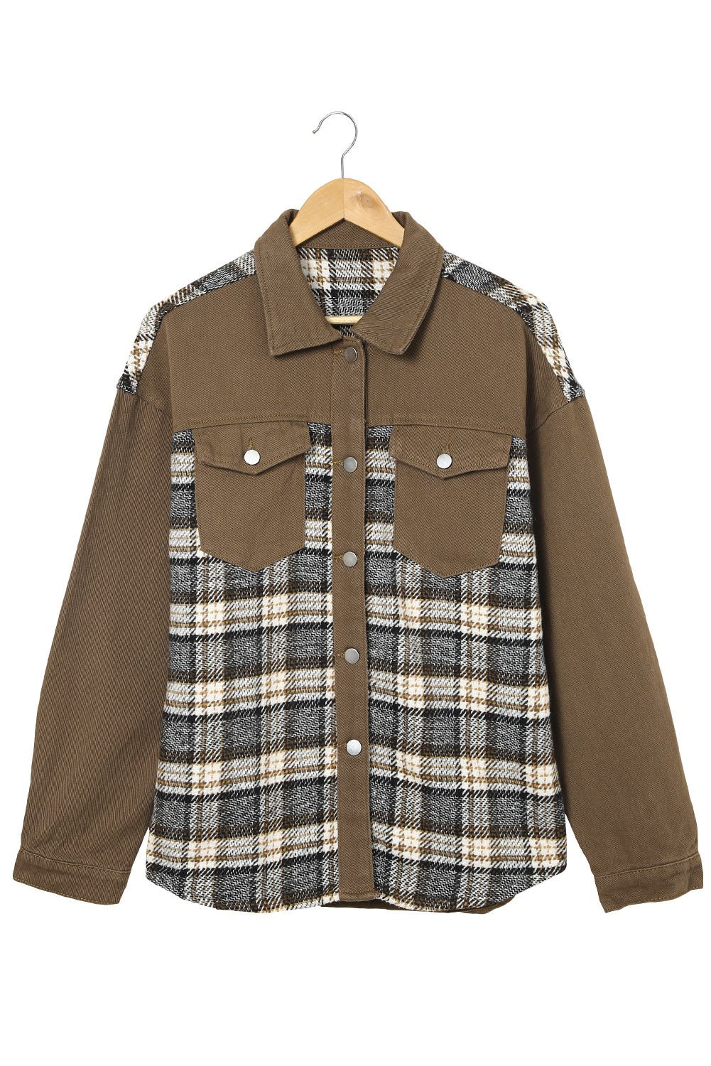 Brown Plaid Patchwork Pockets Denim Jacket - Street Rider Apparel