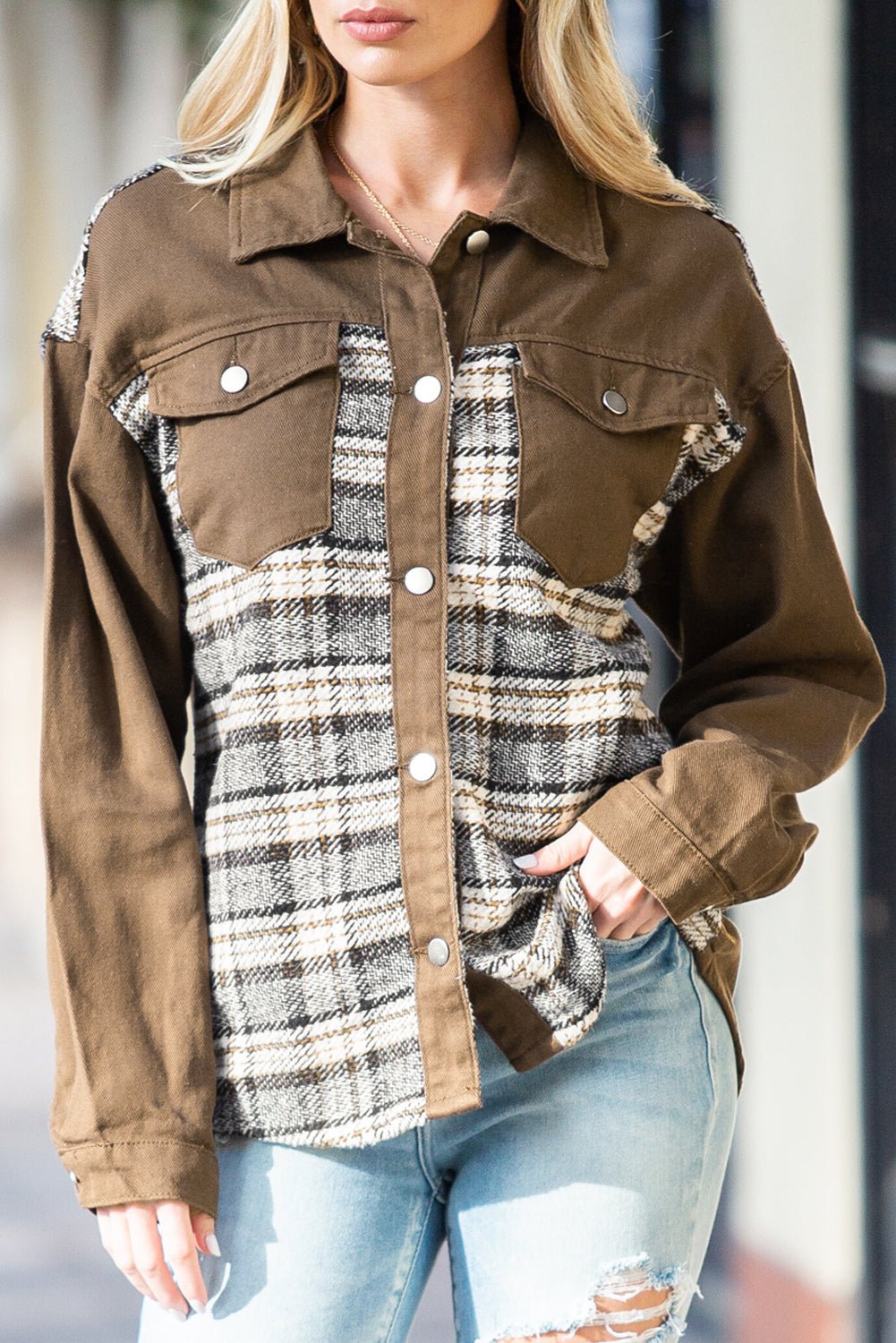 Brown Plaid Patchwork Pockets Denim Jacket - Street Rider Apparel