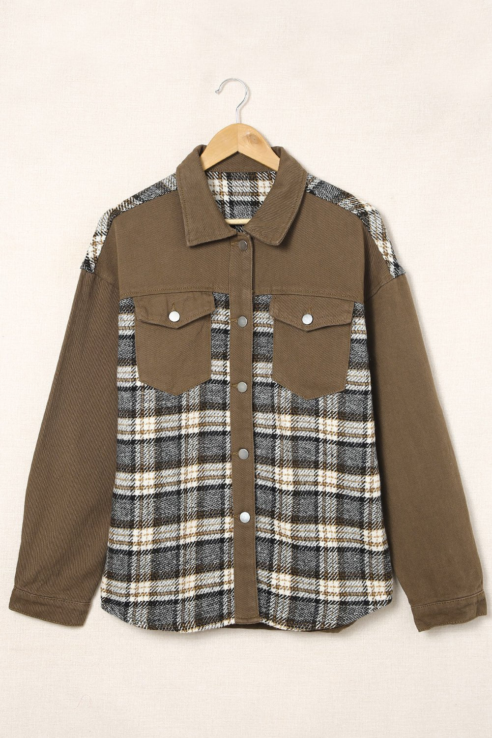 Brown Plaid Patchwork Pockets Denim Jacket - Street Rider Apparel