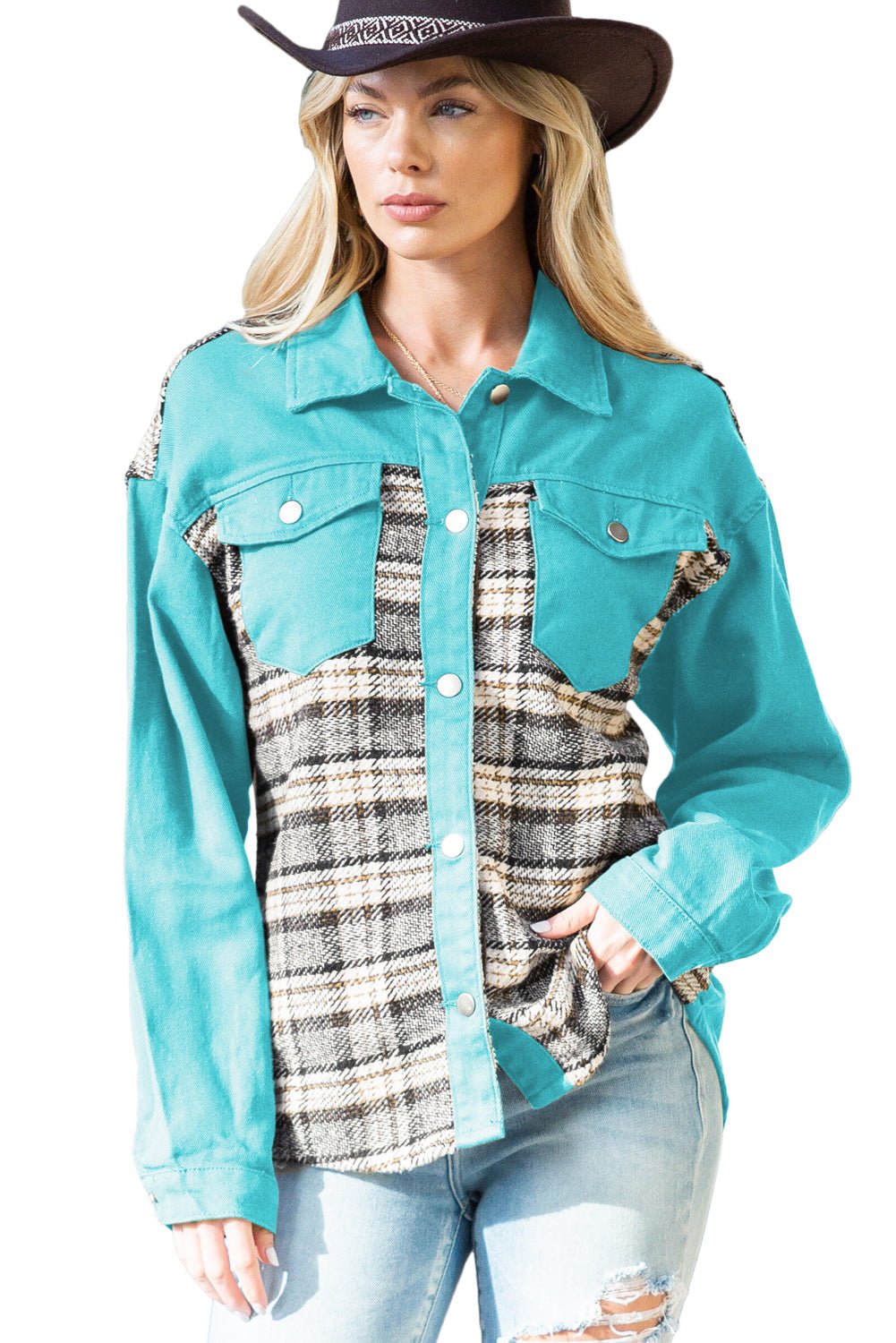 Brown Plaid Patchwork Pockets Denim Jacket - Street Rider Apparel