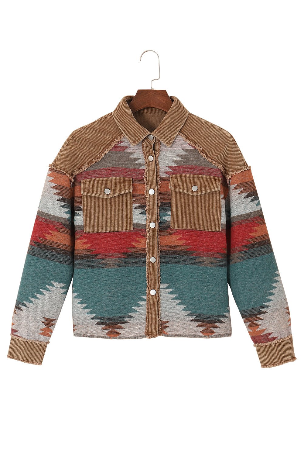 Camel Geometric Print Patchwork Flap Pocket Shacket - Street Rider Apparel