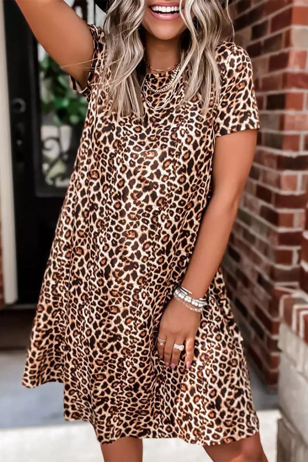 Casual Short Sleeve A-Line Crewneck Leopard Print Dress - Street Rider Apparel