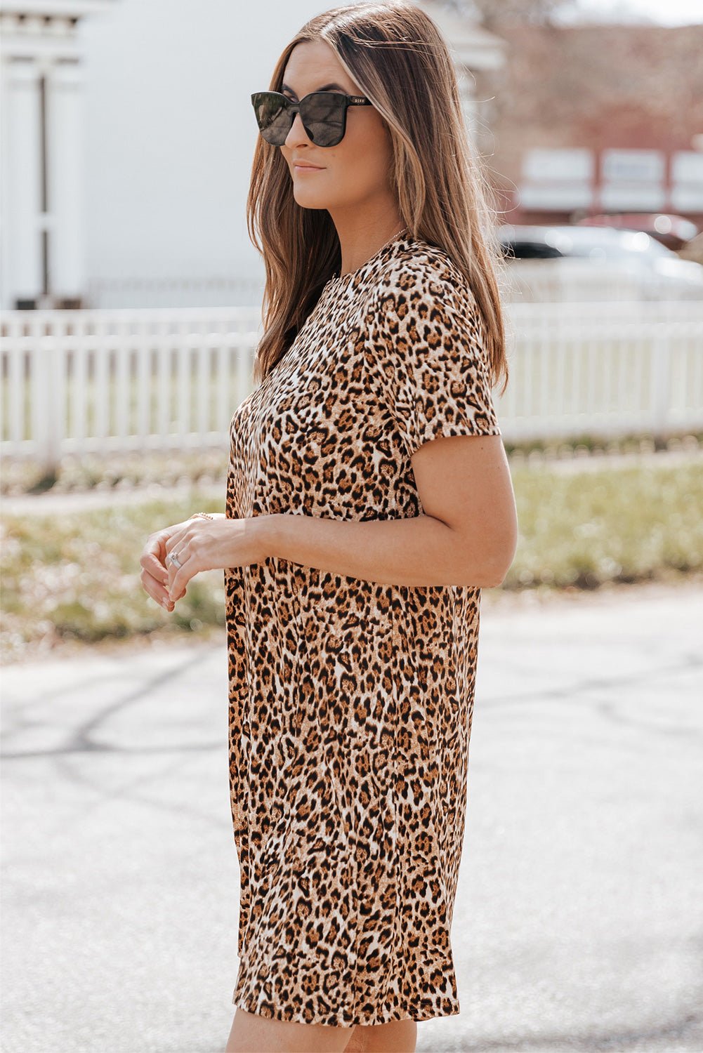 Casual Short Sleeve A-Line Crewneck Leopard Print Dress - Street Rider Apparel