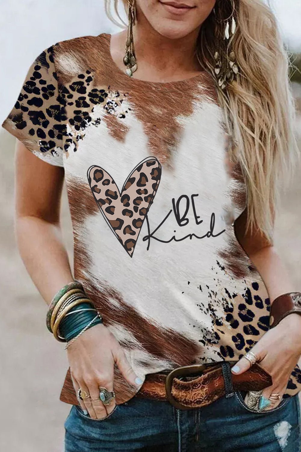 Chestnut BE Kind Leopard Heart Graphic Crew Neck T Shirt - Street Rider Apparel