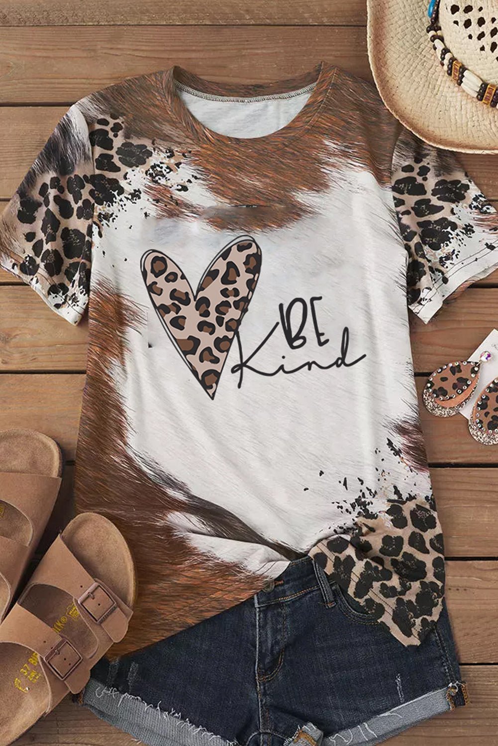 Chestnut BE Kind Leopard Heart Graphic Crew Neck T Shirt - Street Rider Apparel