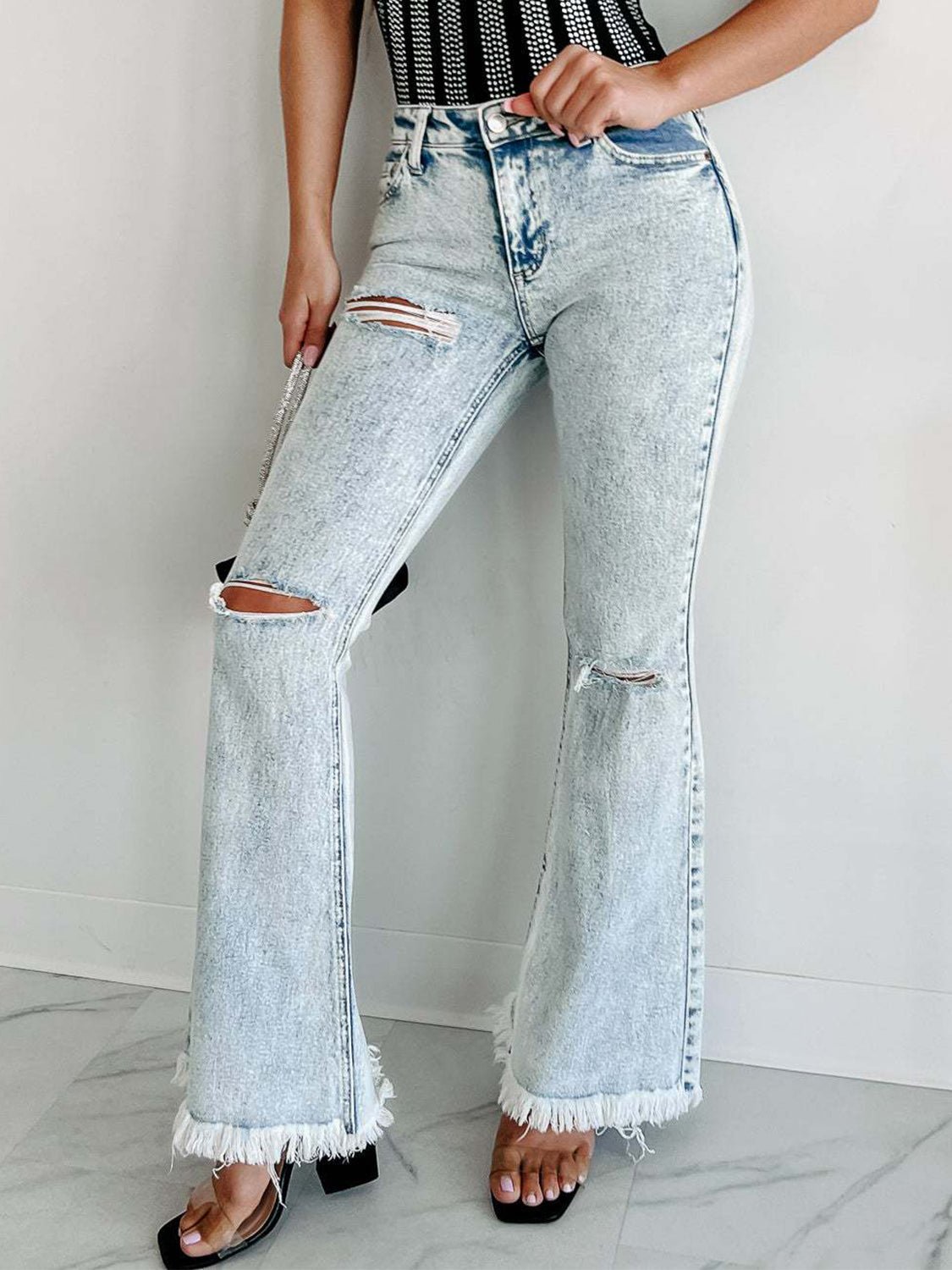 Distressed Raw Hem Flare Jeans - Street Rider Apparel