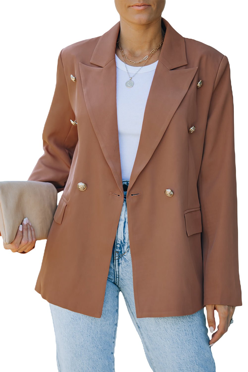 Double Breasted Lapel Neck Flap Pocket Casual Brown Blazer for Women - Street Rider Apparel