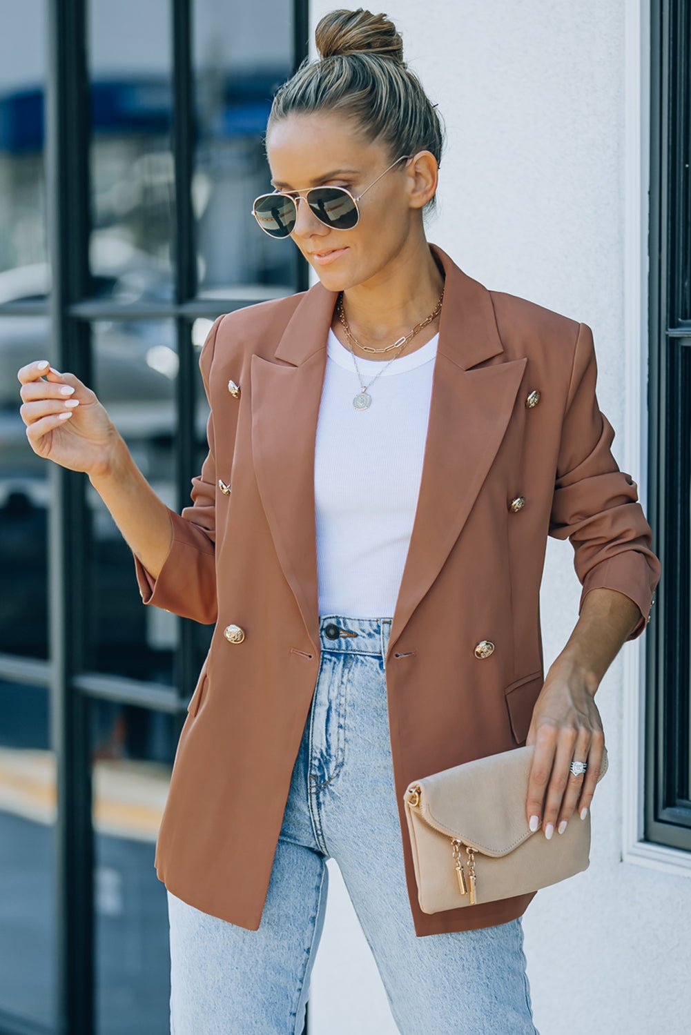 Double Breasted Lapel Neck Flap Pocket Casual Brown Blazer for Women - Street Rider Apparel