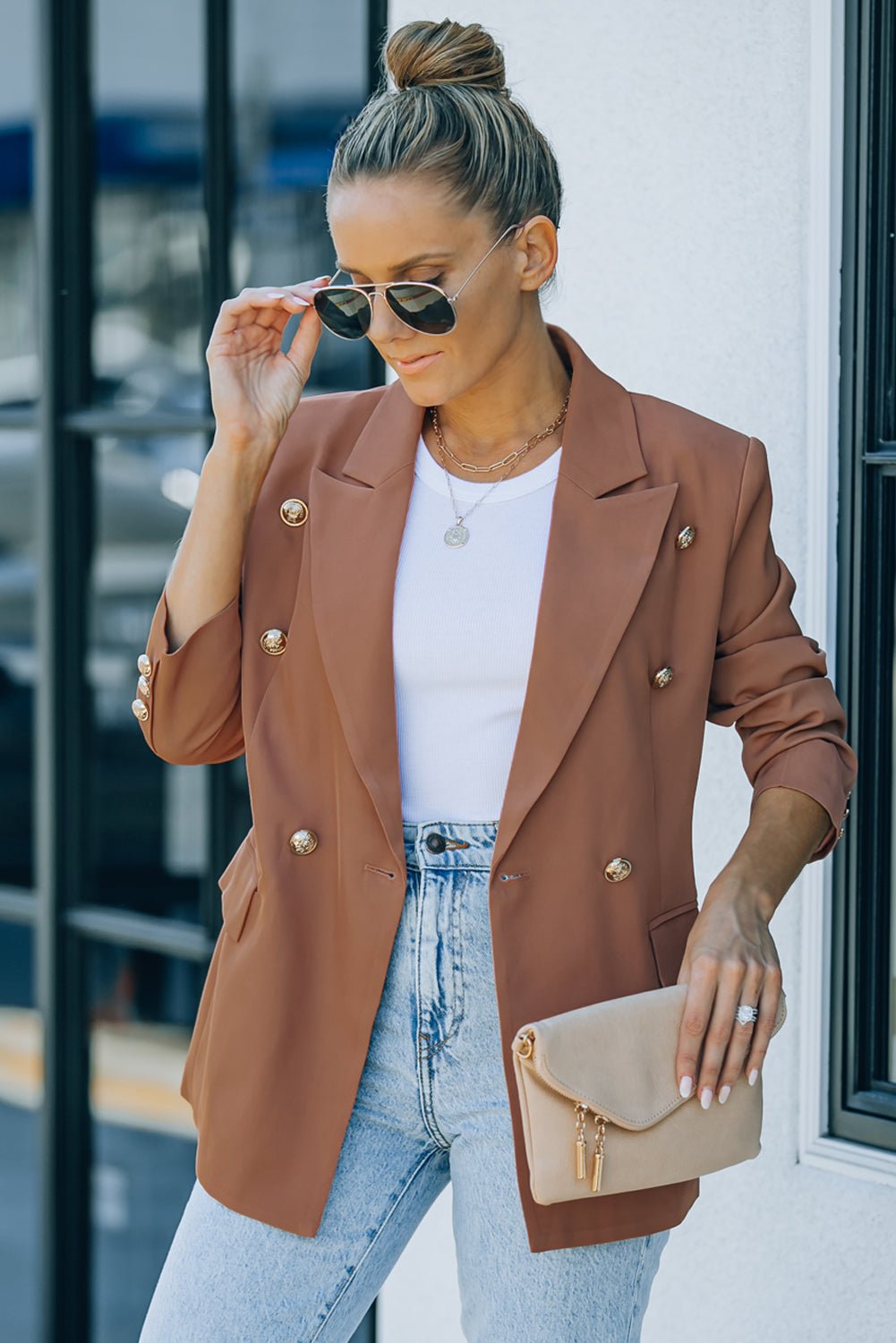 Double Breasted Lapel Neck Flap Pocket Casual Brown Blazer for Women - Street Rider Apparel