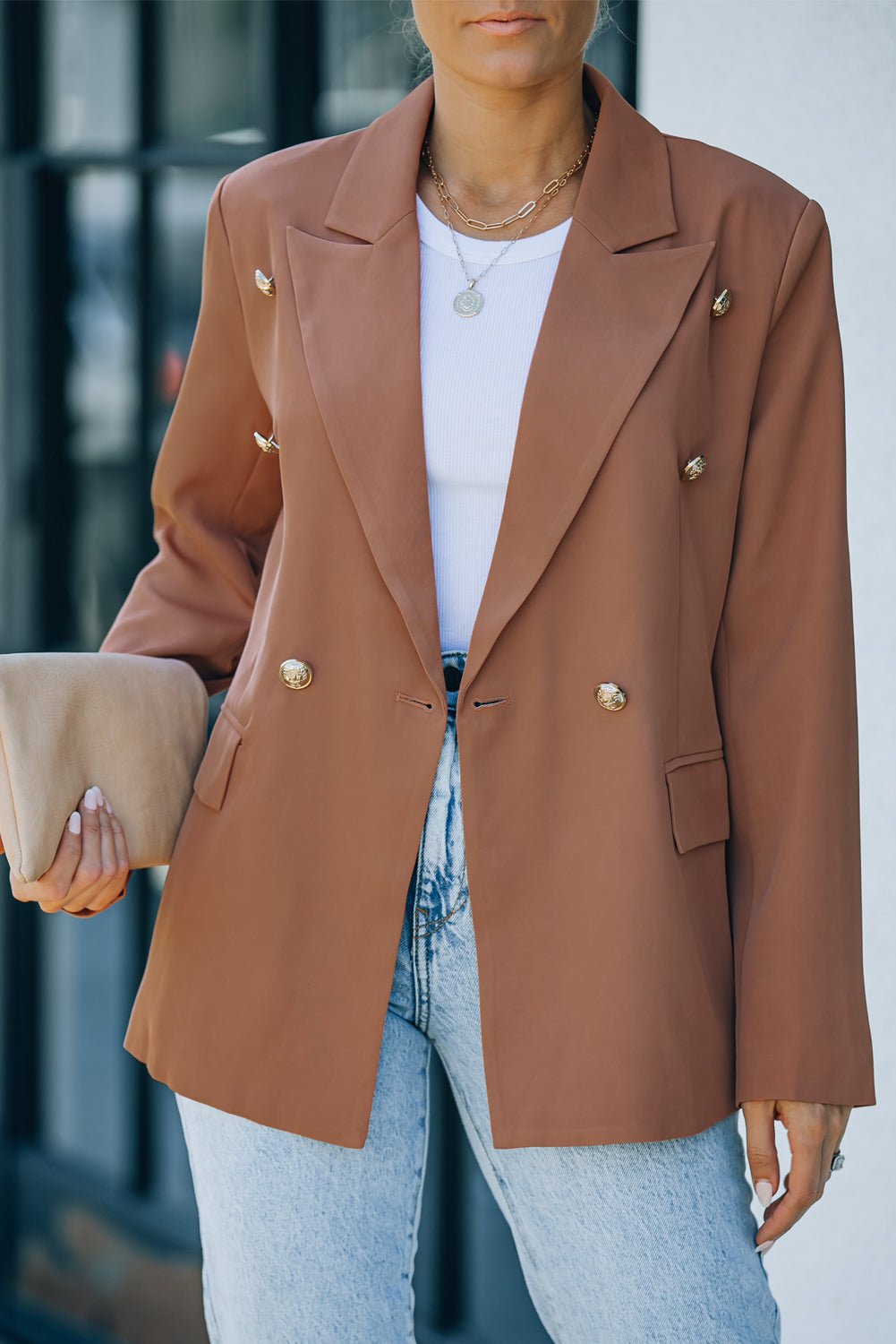 Double Breasted Lapel Neck Flap Pocket Casual Brown Blazer for Women - Street Rider Apparel