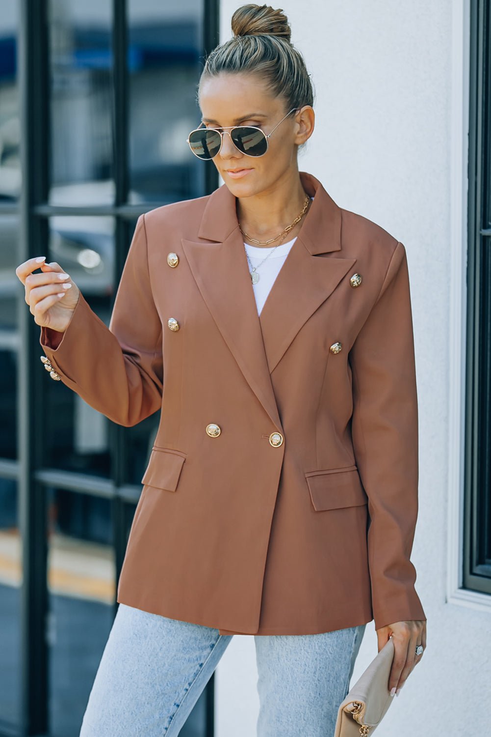 Double Breasted Lapel Neck Flap Pocket Casual Brown Blazer for Women - Street Rider Apparel