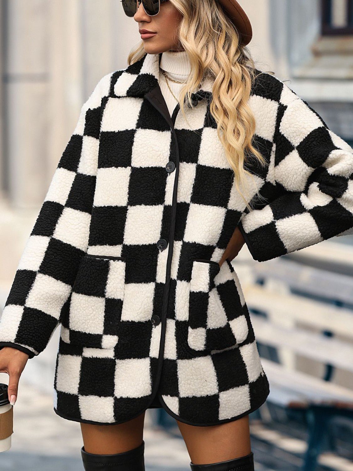 Double Take Full Size Checkered Button Front Coat with Pockets - Street Rider Apparel