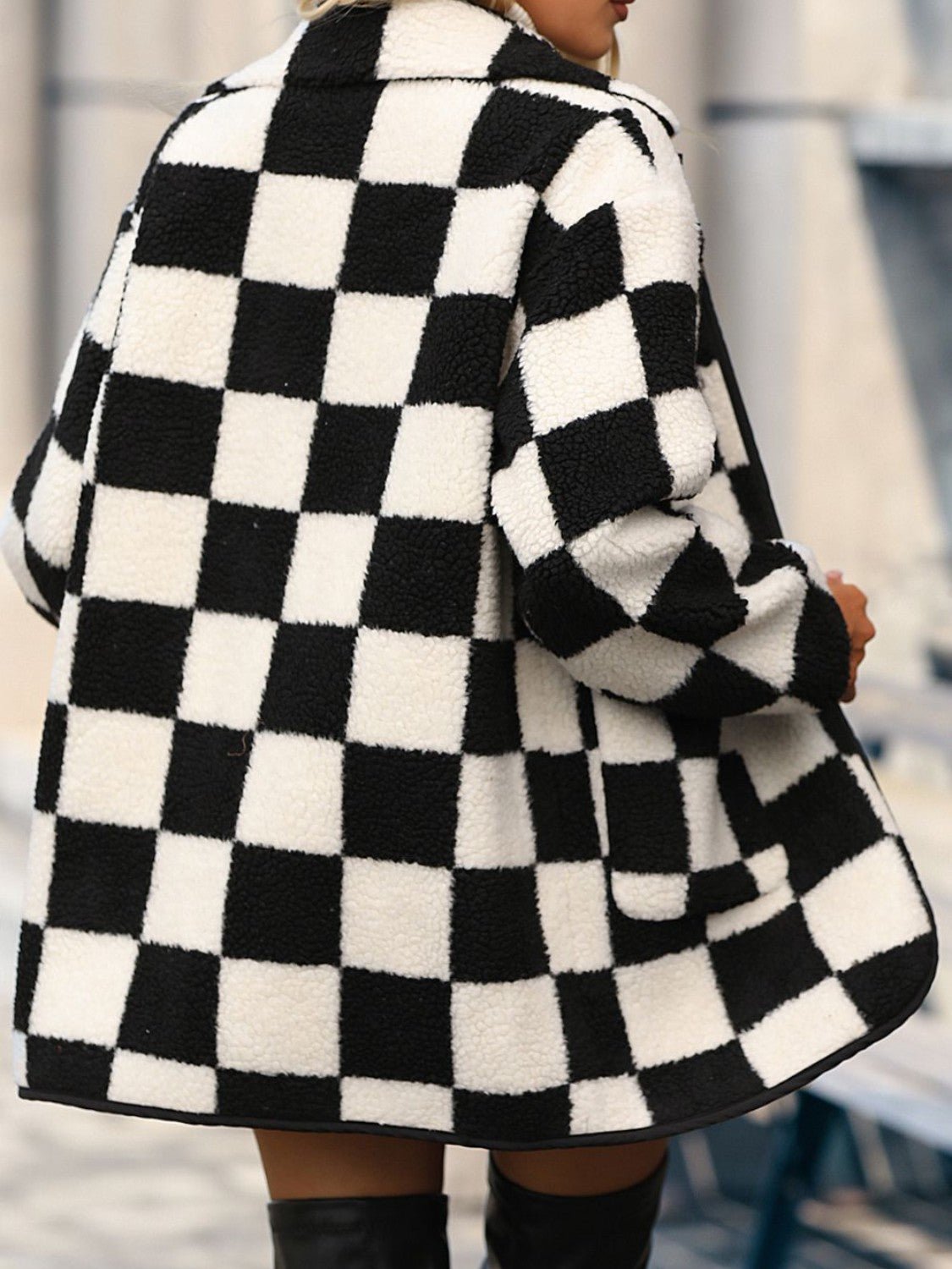 Double Take Full Size Checkered Button Front Coat with Pockets - Street Rider Apparel