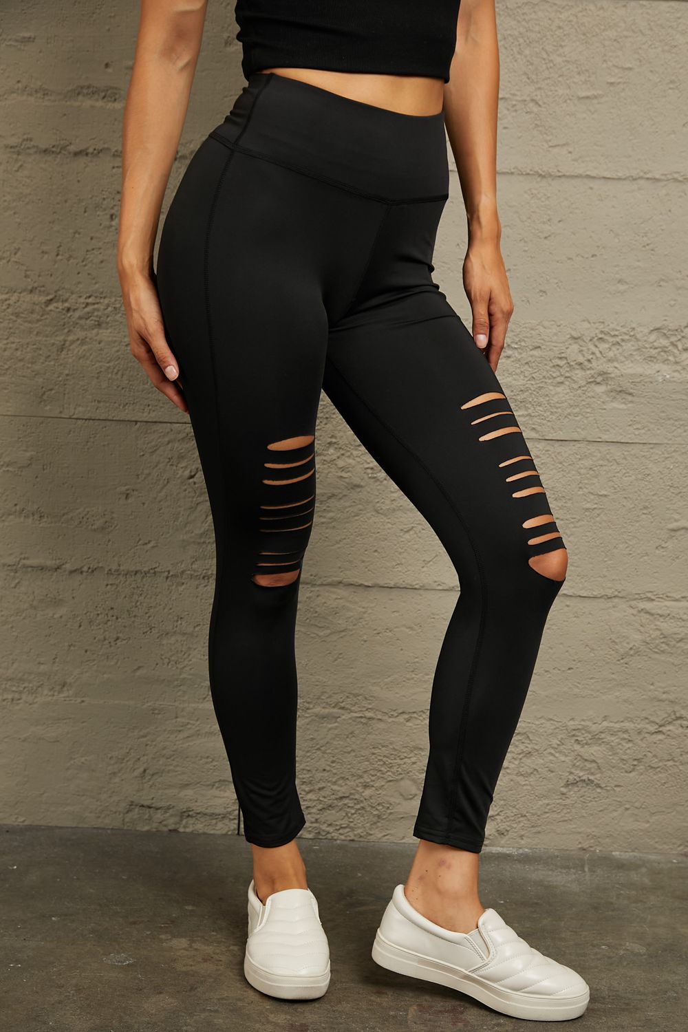 Double Take Wide Waistband Distressed Slim Fit Leggings - Street Rider Apparel