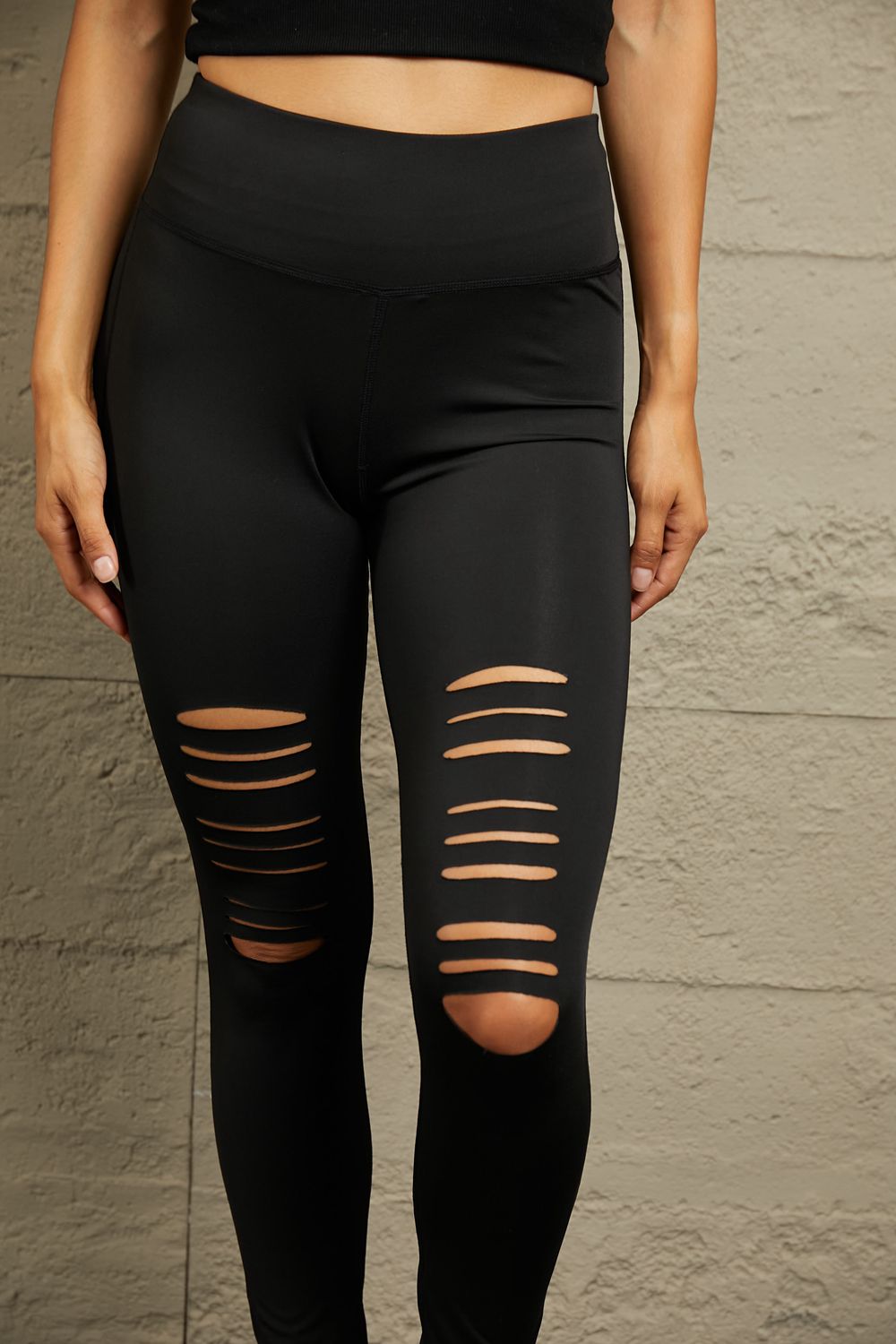 Double Take Wide Waistband Distressed Slim Fit Leggings - Street Rider Apparel