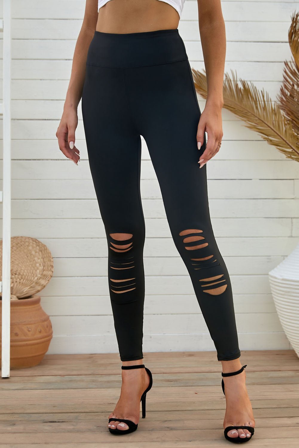 Double Take Wide Waistband Distressed Slim Fit Leggings - Street Rider Apparel