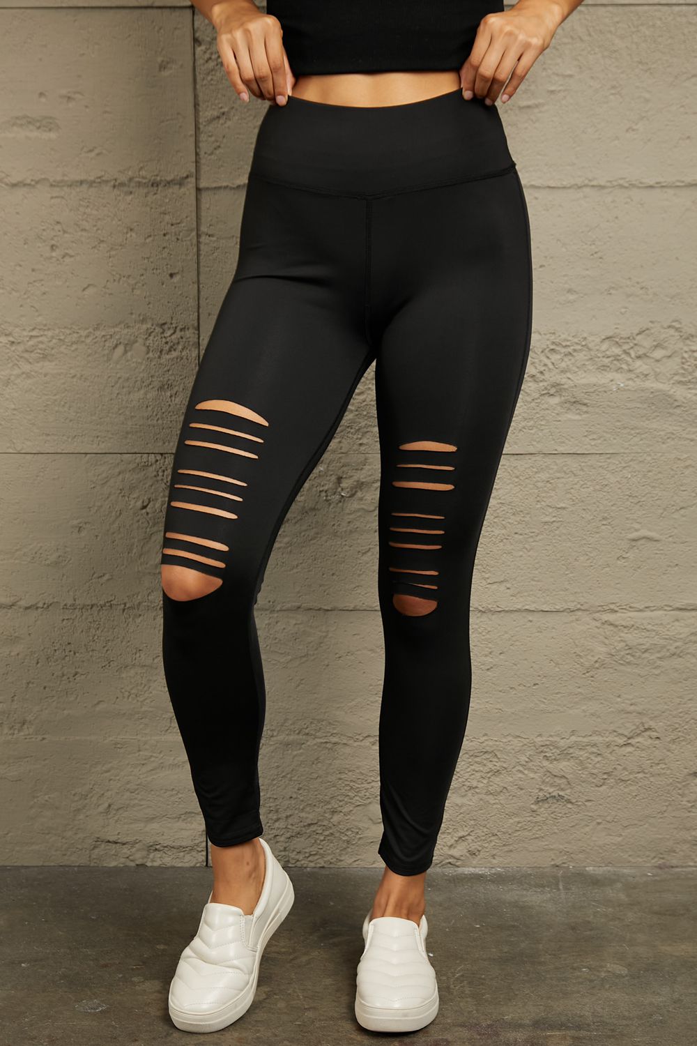 Double Take Wide Waistband Distressed Slim Fit Leggings - Street Rider Apparel