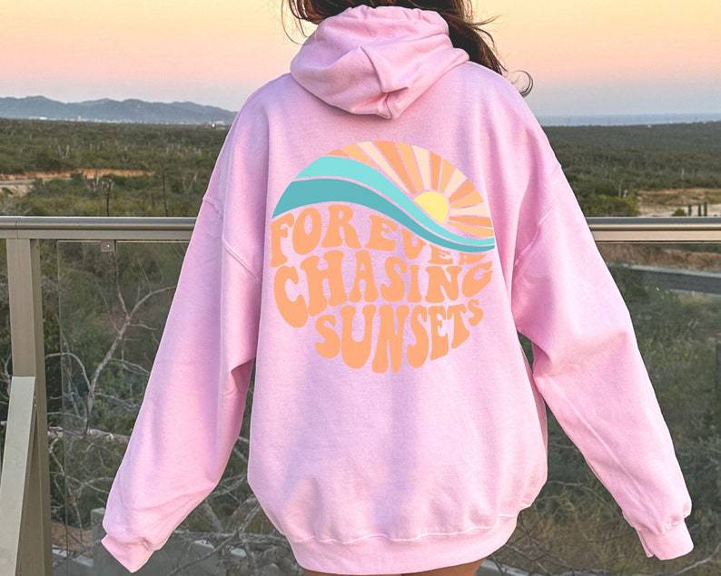 Fleece-lined Sunset Print Kangaroo Pocket Drawstring Hoodie - Street Rider Apparel