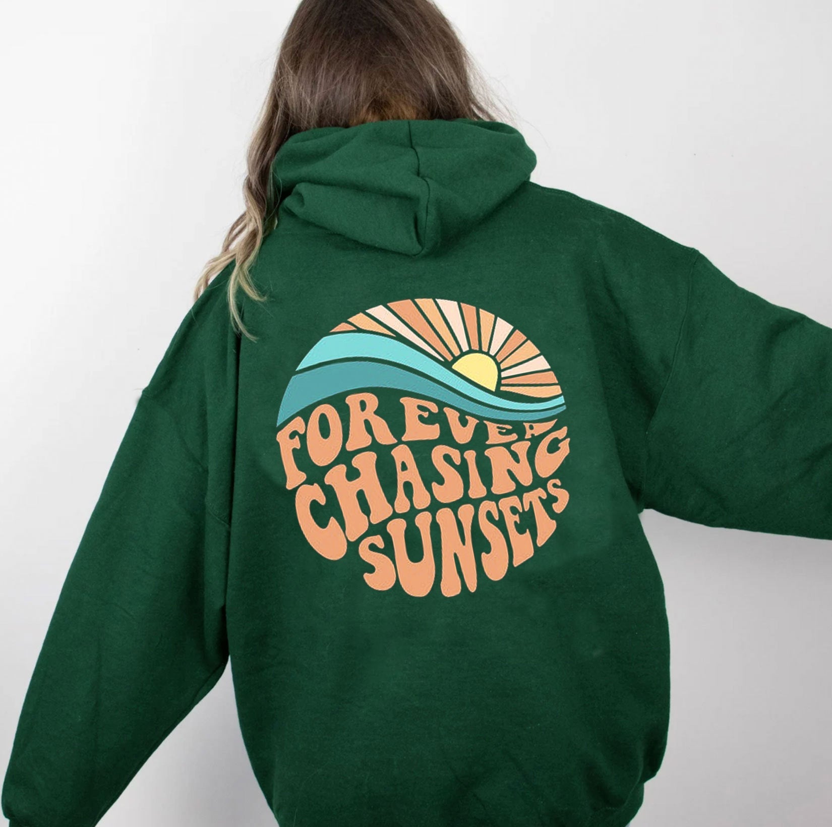 Fleece-lined Sunset Print Kangaroo Pocket Drawstring Hoodie - Street Rider Apparel