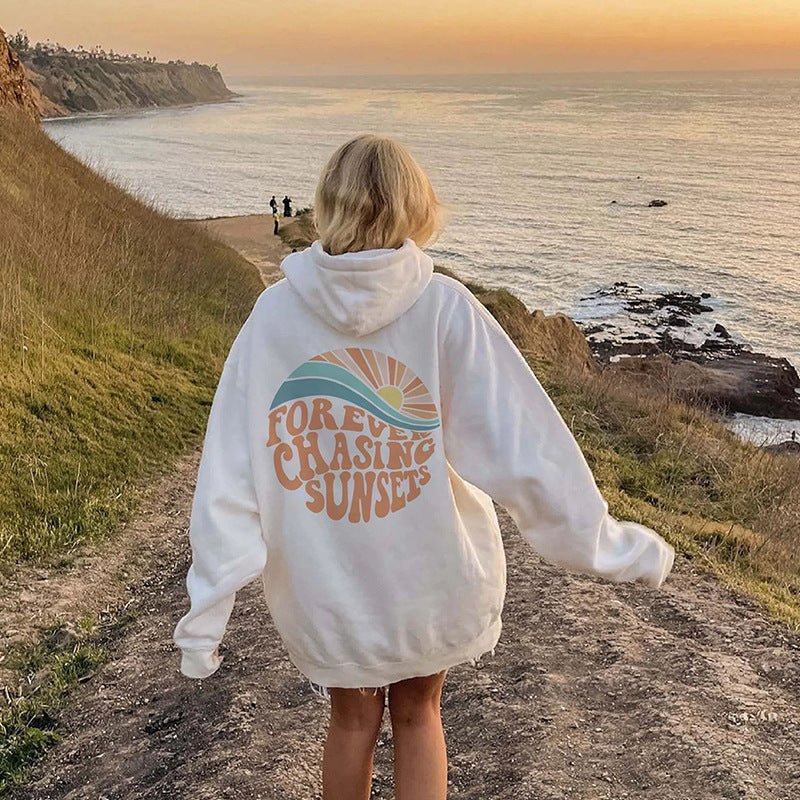 Fleece-lined Sunset Print Kangaroo Pocket Drawstring Hoodie - Street Rider Apparel