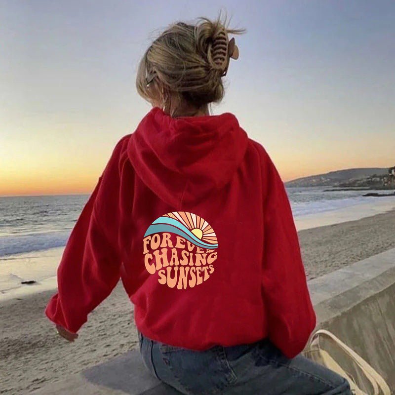 Fleece-lined Sunset Print Kangaroo Pocket Drawstring Hoodie - Street Rider Apparel