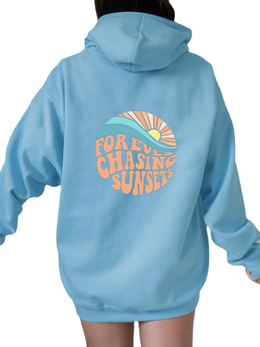 Fleece-lined Sunset Print Kangaroo Pocket Drawstring Hoodie - Street Rider Apparel