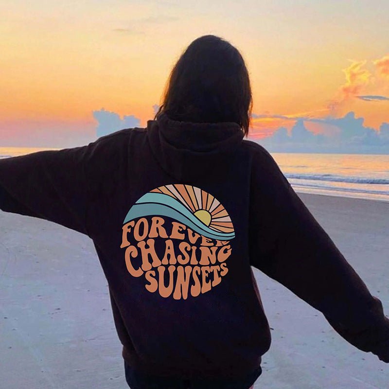 Fleece-lined Sunset Print Kangaroo Pocket Drawstring Hoodie - Street Rider Apparel