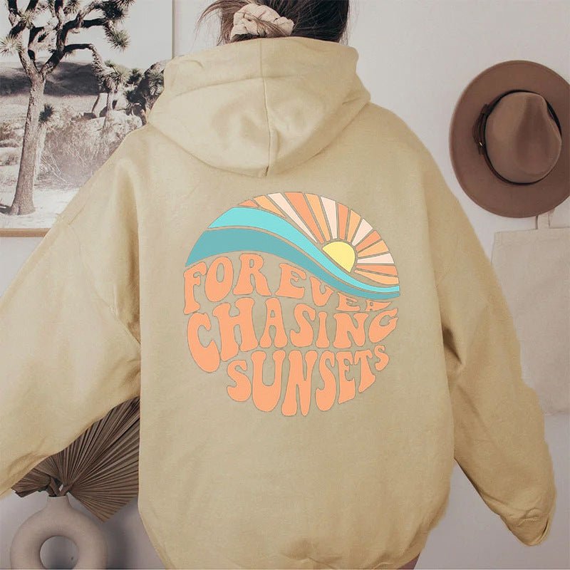 Fleece-lined Sunset Print Kangaroo Pocket Drawstring Hoodie - Street Rider Apparel