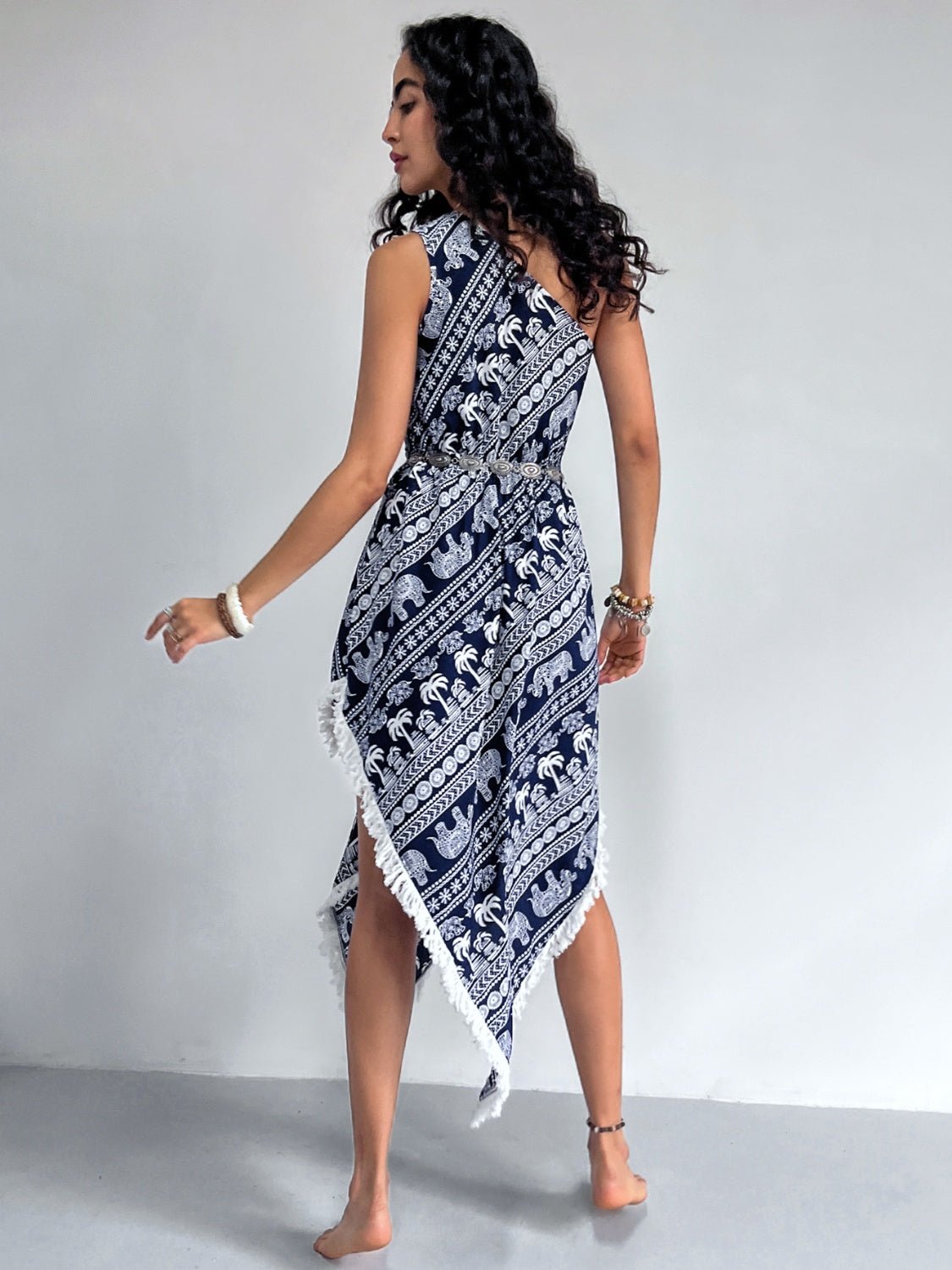 Fringe Printed Single Shoulder Dress - Street Rider Apparel