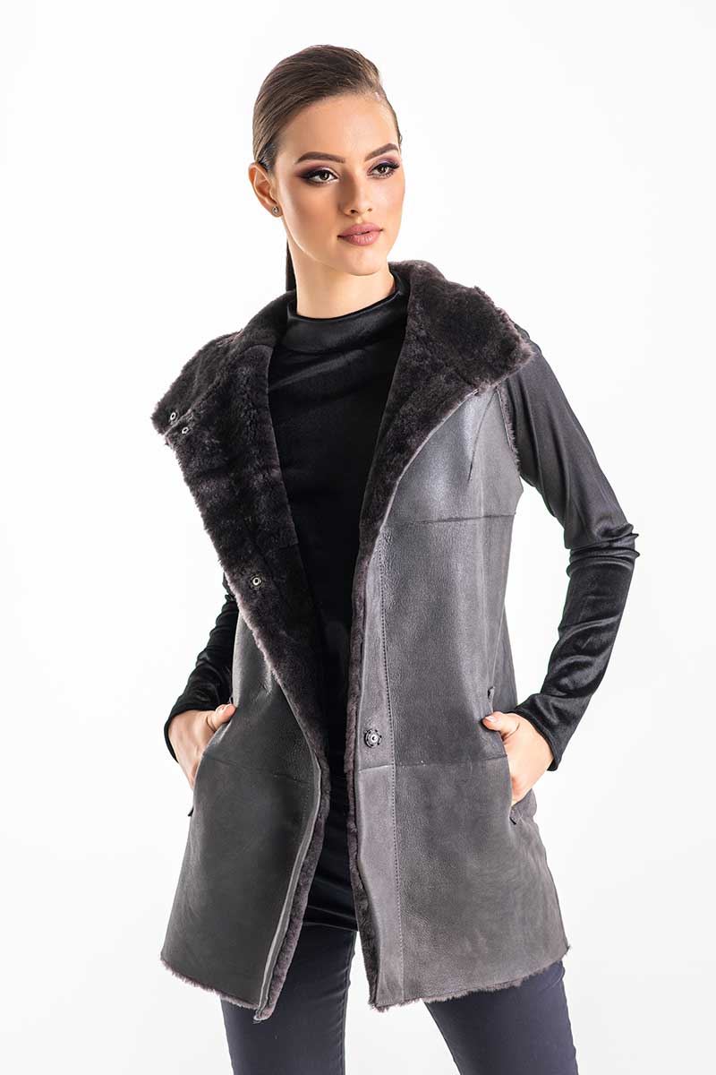 Gray Reversible Geniune Nappa Lamb Leather Mouton Fur Vest - Street Rider Apparel