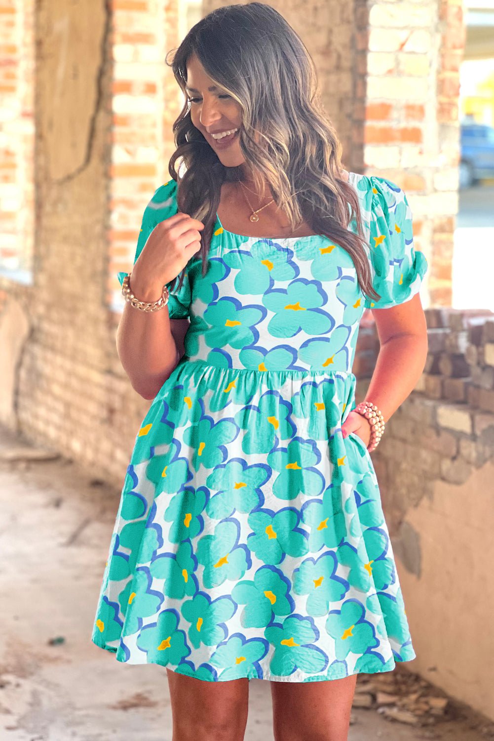 Green Floral Print Puff Sleeve Babydoll Short Dress - Street Rider Apparel