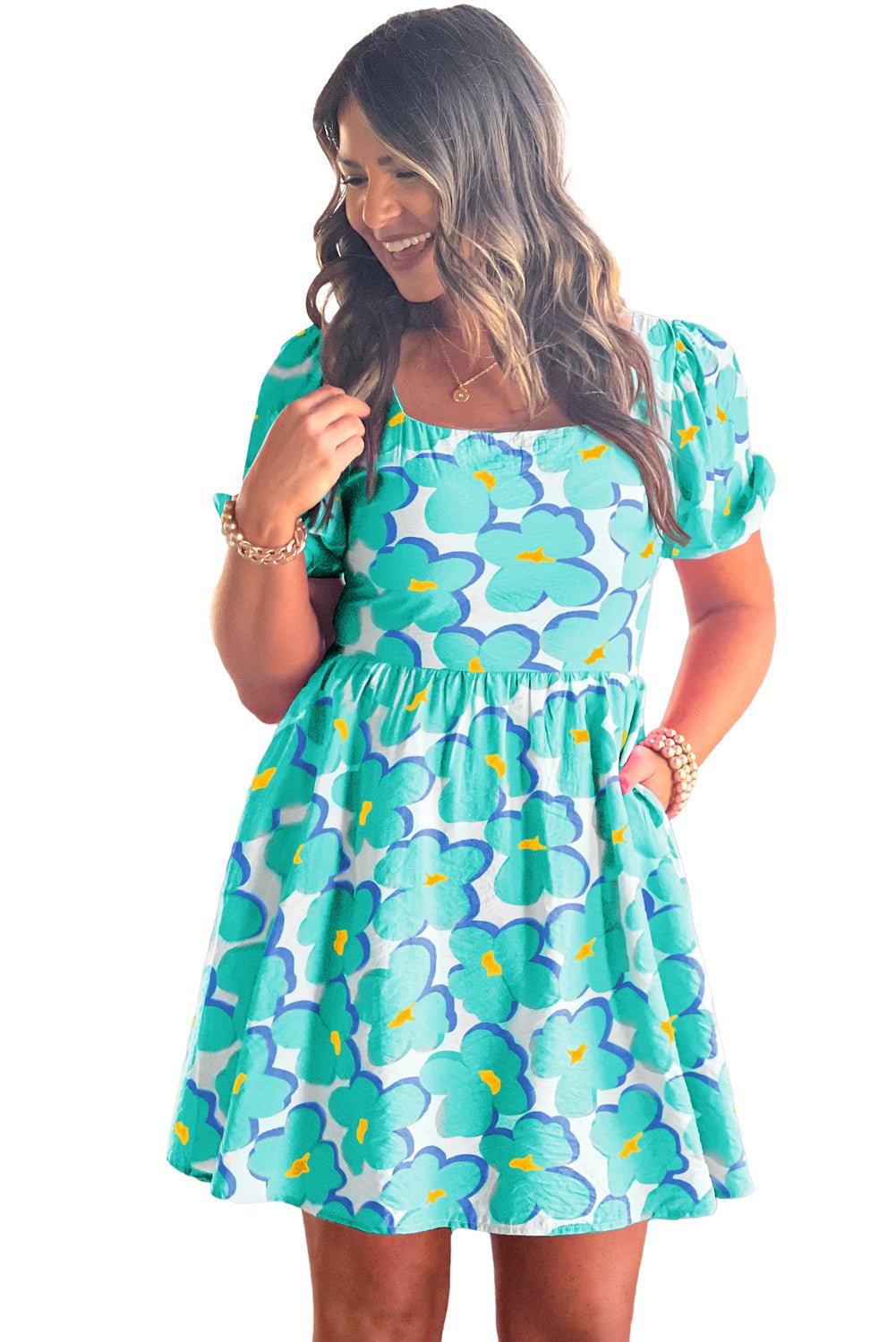 Green Floral Print Puff Sleeve Babydoll Short Dress - Street Rider Apparel