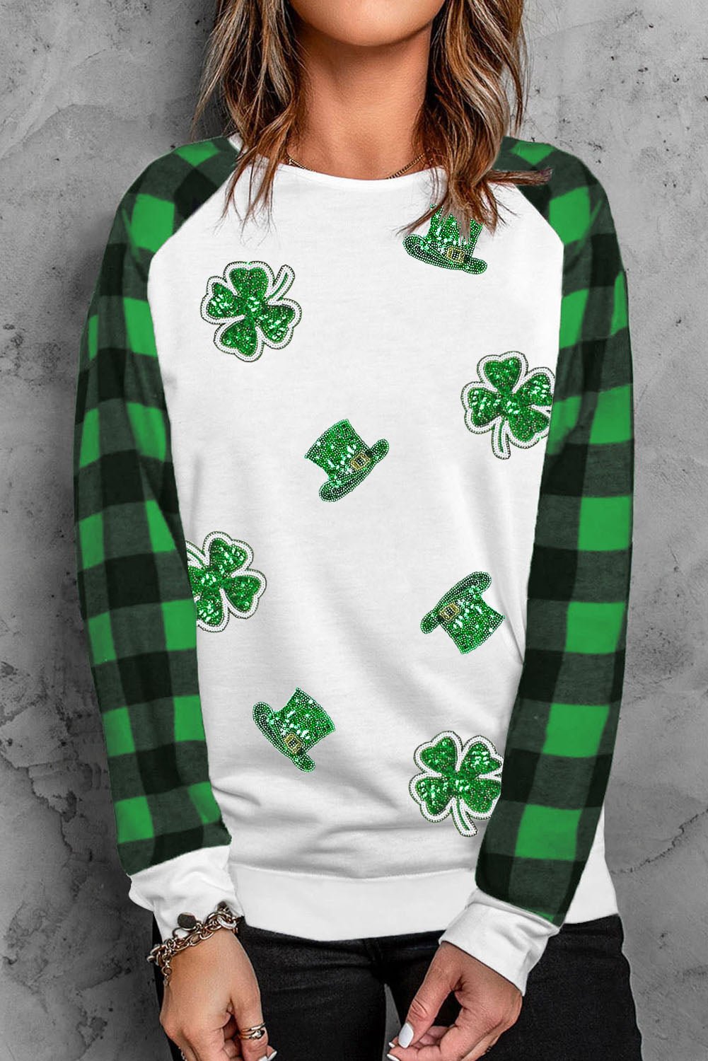 Green Sequin St Patrick Graphic Contrast Plaid Sleeve Sweatshirt - Street Rider Apparel