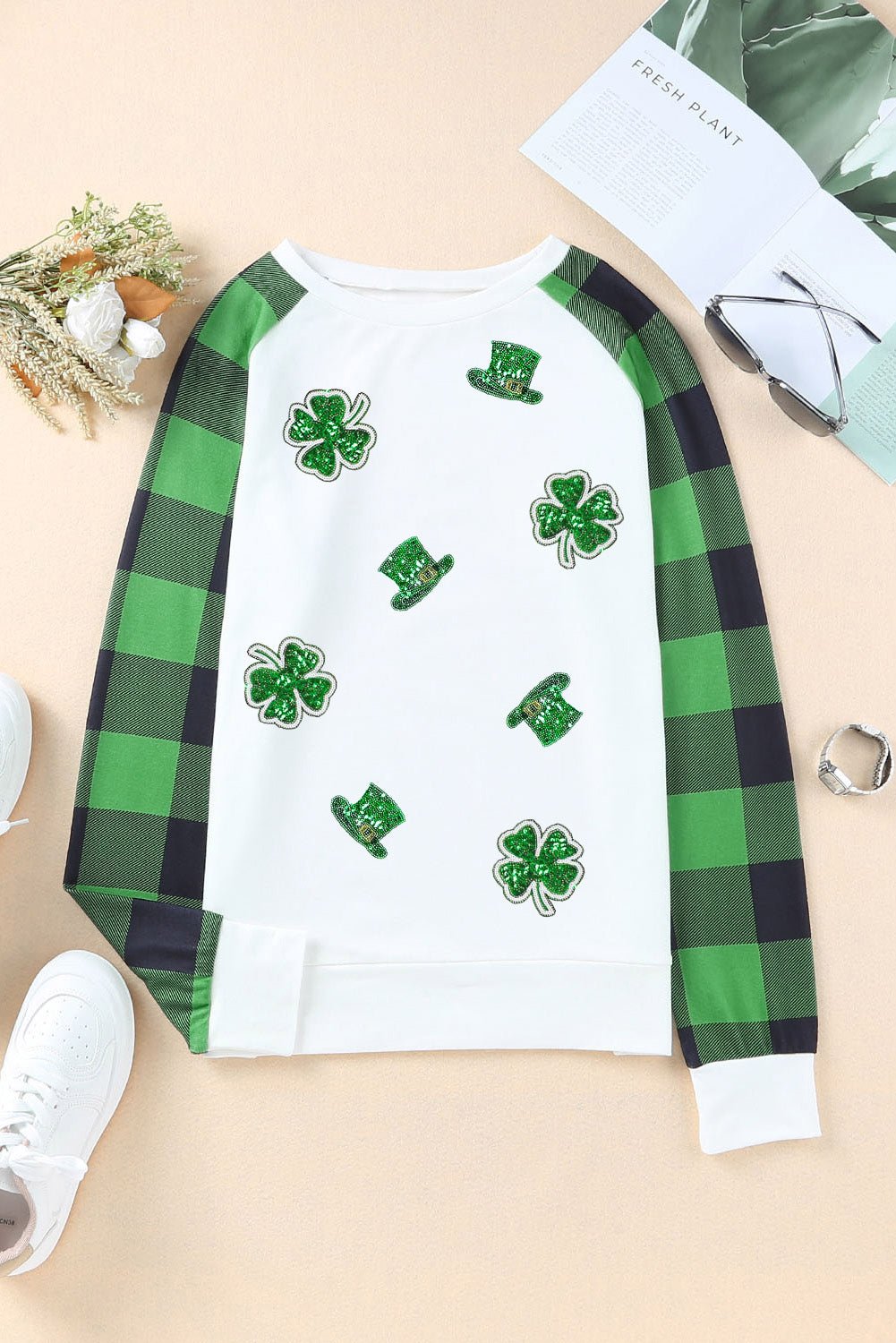 Green Sequin St Patrick Graphic Contrast Plaid Sleeve Sweatshirt - Street Rider Apparel