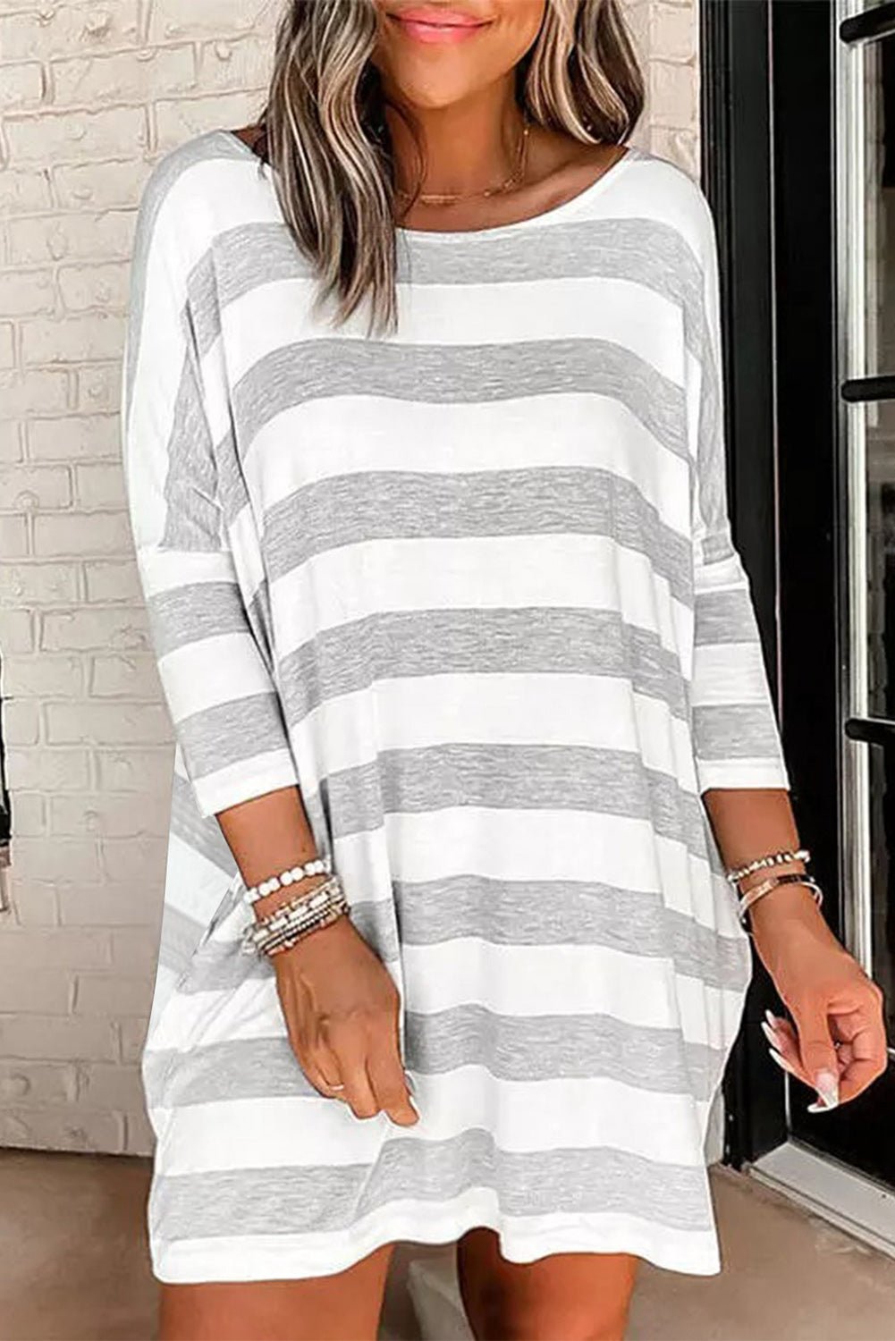 Grey Striped 3/4 Sleeve Casual Pocket Dress for Women - Street Rider Apparel