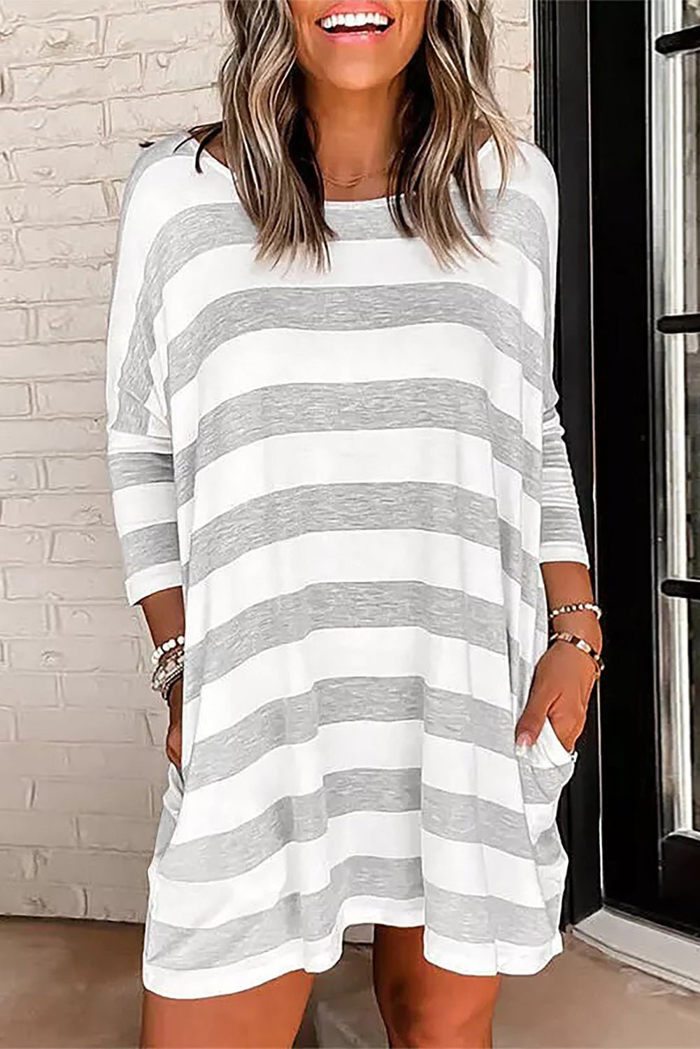 Grey Striped 3/4 Sleeve Casual Pocket Dress for Women - Street Rider Apparel