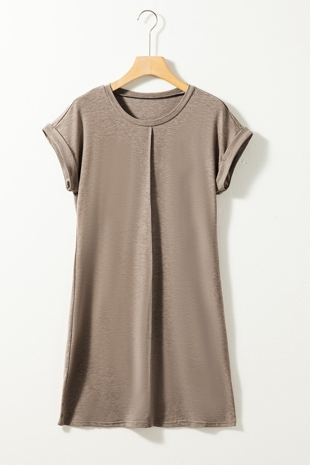 Light Beige Center Seamed Roll Sleeve T-shirt Dress - Street Rider Apparel